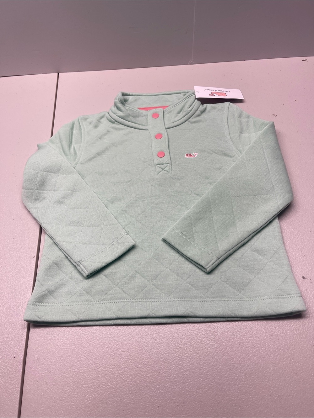 Vineyard Vines Quilted Long-Sleeve Pullover - Mint with Pink Accents. NEW